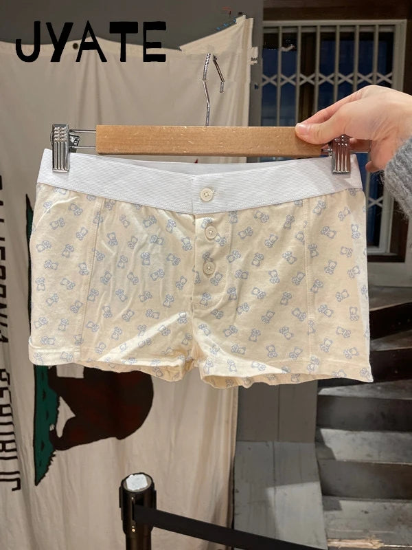 Little Duck Print Patchwork Short Pants Women New Cotton High Waist Buttons Straight Home Underwear Sweet Cute Casual Shorts Y2K