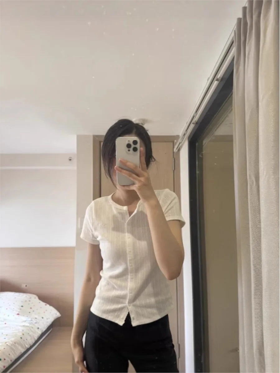 White Eyelet Button T-shirts Women New Casual Streetwear Cotton Lace Trim O-neck Short Sleeve Tees Sweet Simple All-match Tshirt