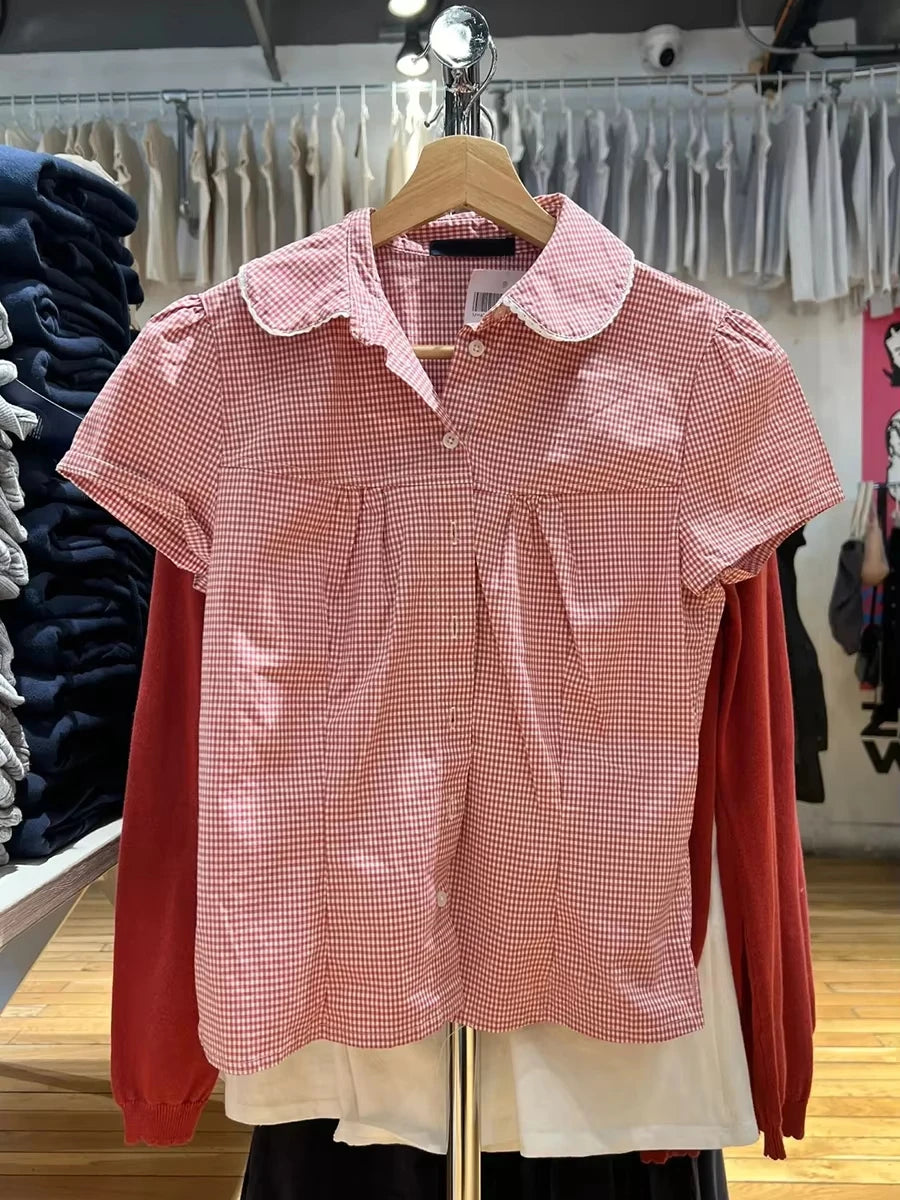 Sweet Red Floral T-shirt Blouse Woman Summer Pan Collar Single Breasted Short Sleeve Tees Casual Vintage Cute Slim Tshirt Tops