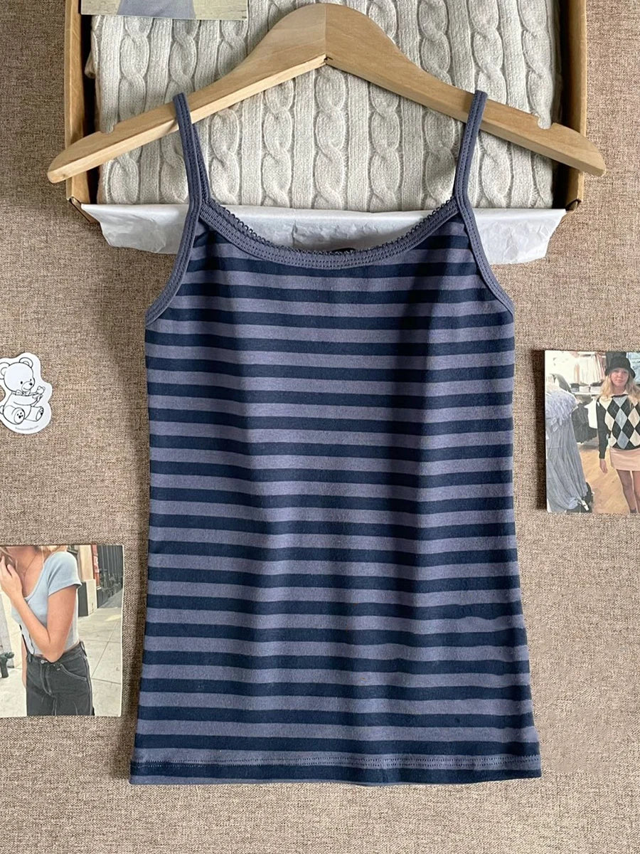 Navy Striped Buttons Tank Tops Women Summer Casual Streetwear Simple Cotton Slim Camisole Female Vintage American Chic Vests Y2K