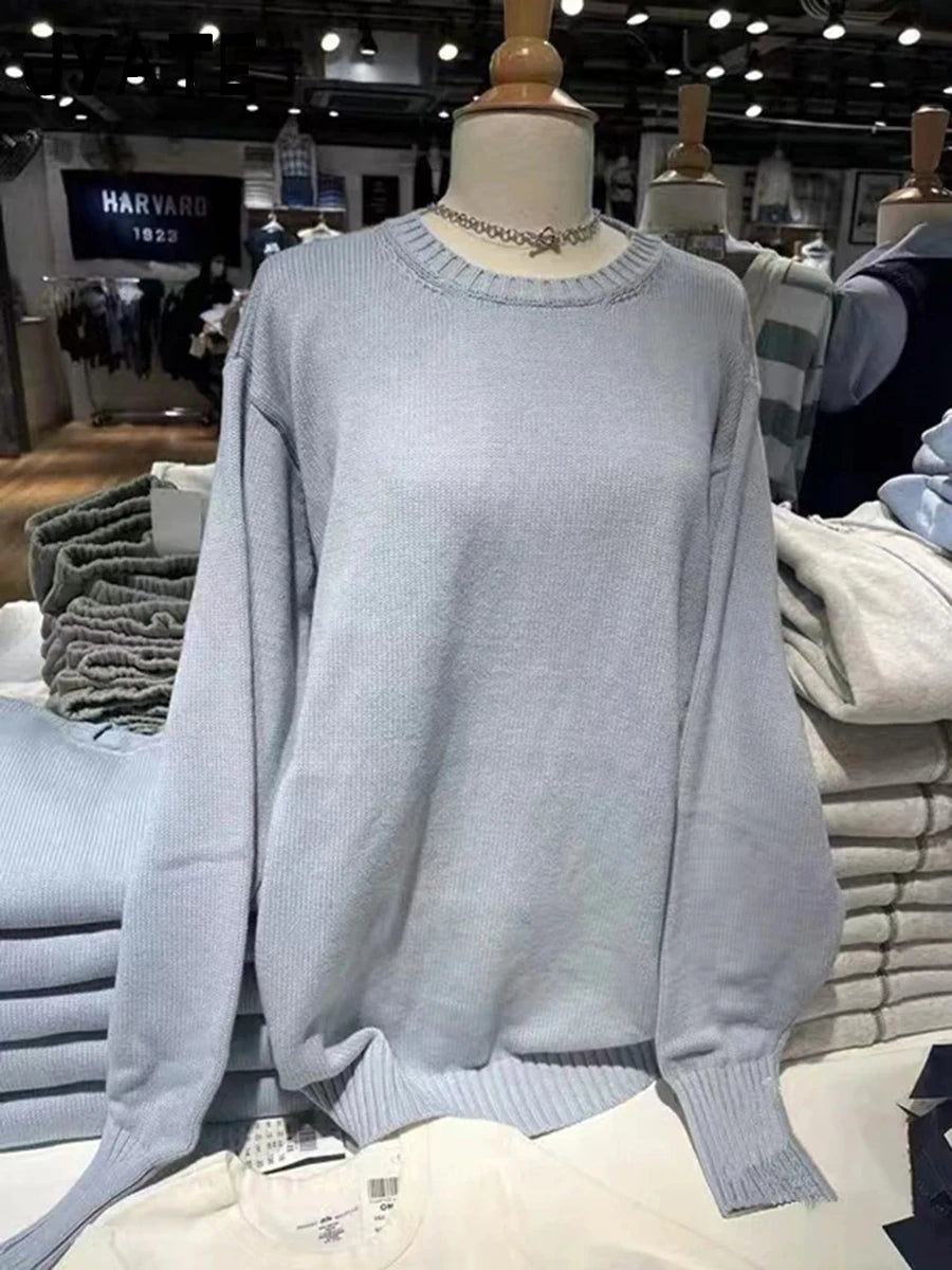 Sweet Solid O-neck Buttons Sweaters Women Autumn Cotton Knitted Simple Basic Pullover Top Female Vintage Casual Chic Jumper Y2K