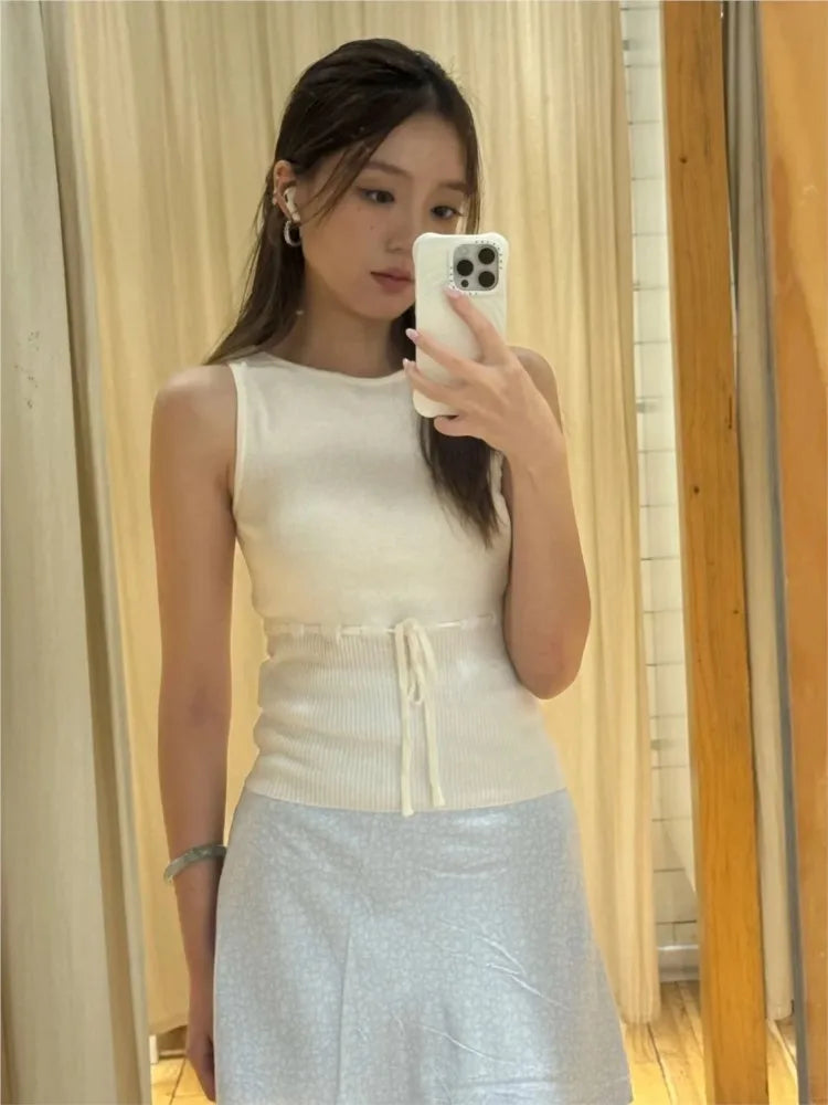 White Drawstring Knitted Tank Tops Women New Simple Slim Cotton Buttons High Waist O-neck Camisole Sweet Cute Preppy Style Vests