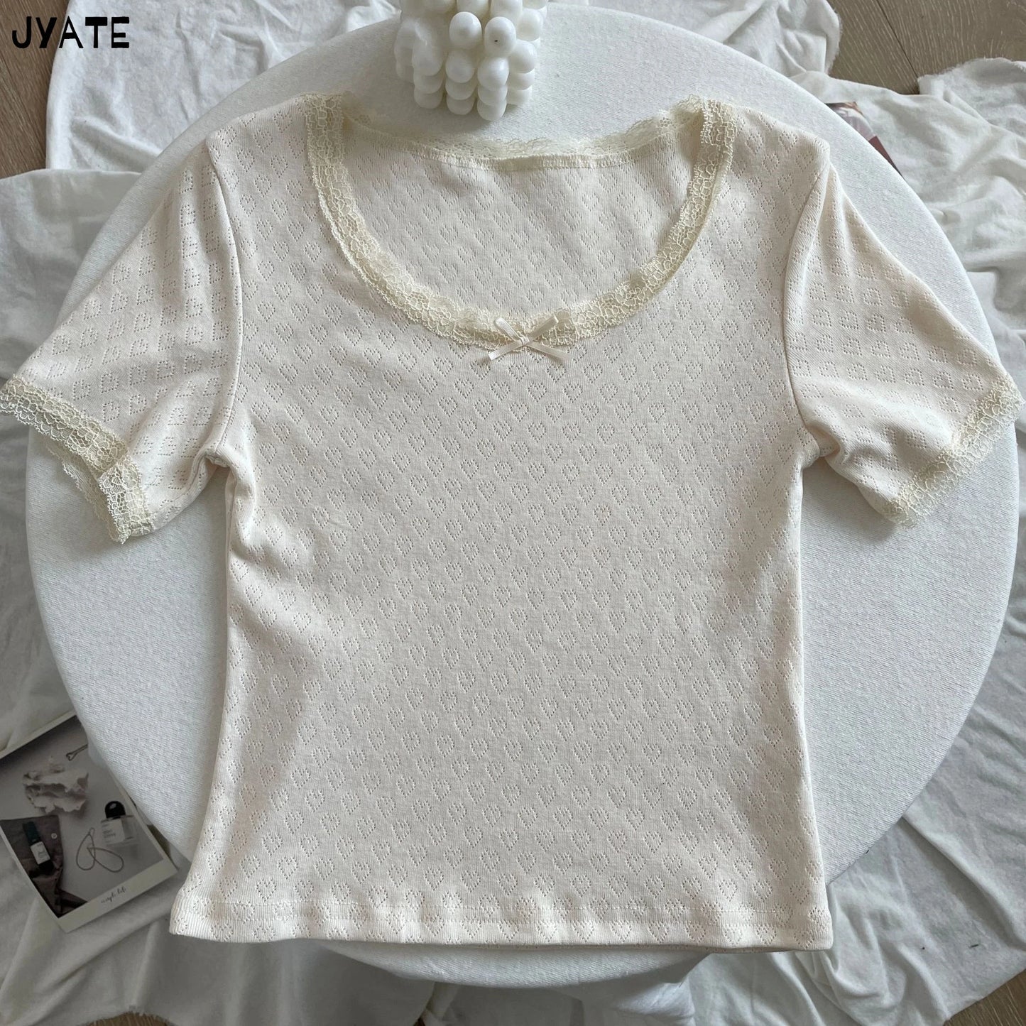 Sweet Eyelet Lace Trim Short Sleeve Tee Women New Casual Slim Simple Preppy Style Bow Tops Femme Vintage Cute Basic T-shirts Y2K
