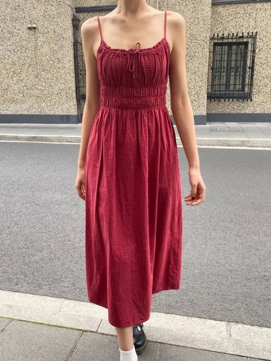 Retro Red Plaid Ruffles Camisole Dress Women High Waist Backless Lace-up Sleeveless Long Dresses Vintage Cute Sweet Y2K Vestidos