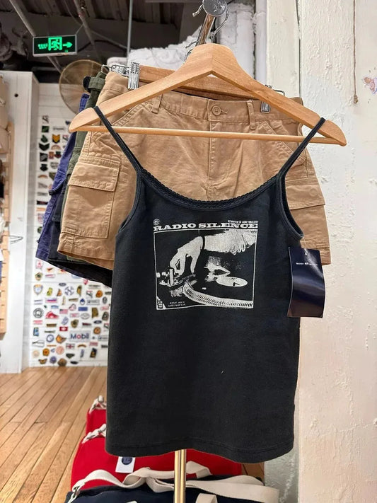 Vintage Radio Print Slim Tank Tops Women Summer New Cotton Casual Lace Trim Sleeveless Vests Harajuku Streetwear Camisole Y2K