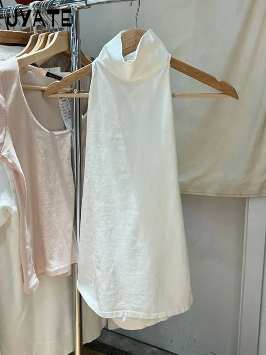 Sweet White Halter Turtleneck Button Tank Tops Women Summer New Cotton Soft Backless Sexy Camisole Vintage Basic Chic Vests Y2K