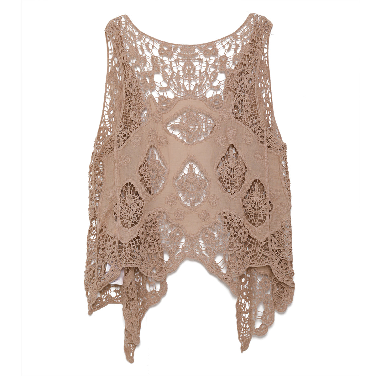 Hippie Froral Patch Crochet Cover Up Top Warm Taupe