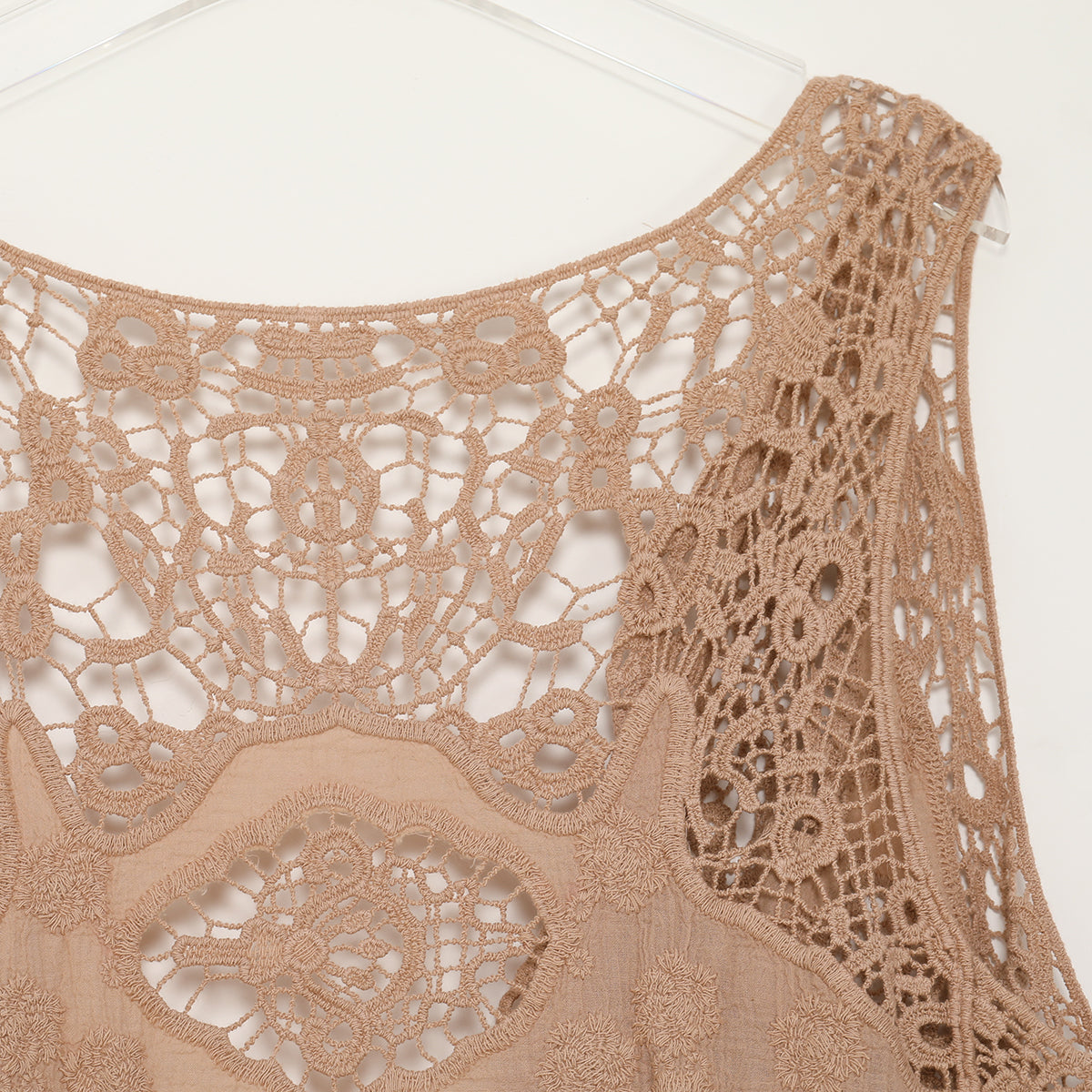 Hippie Froral Patch Crochet Cover Up Top Warm Taupe