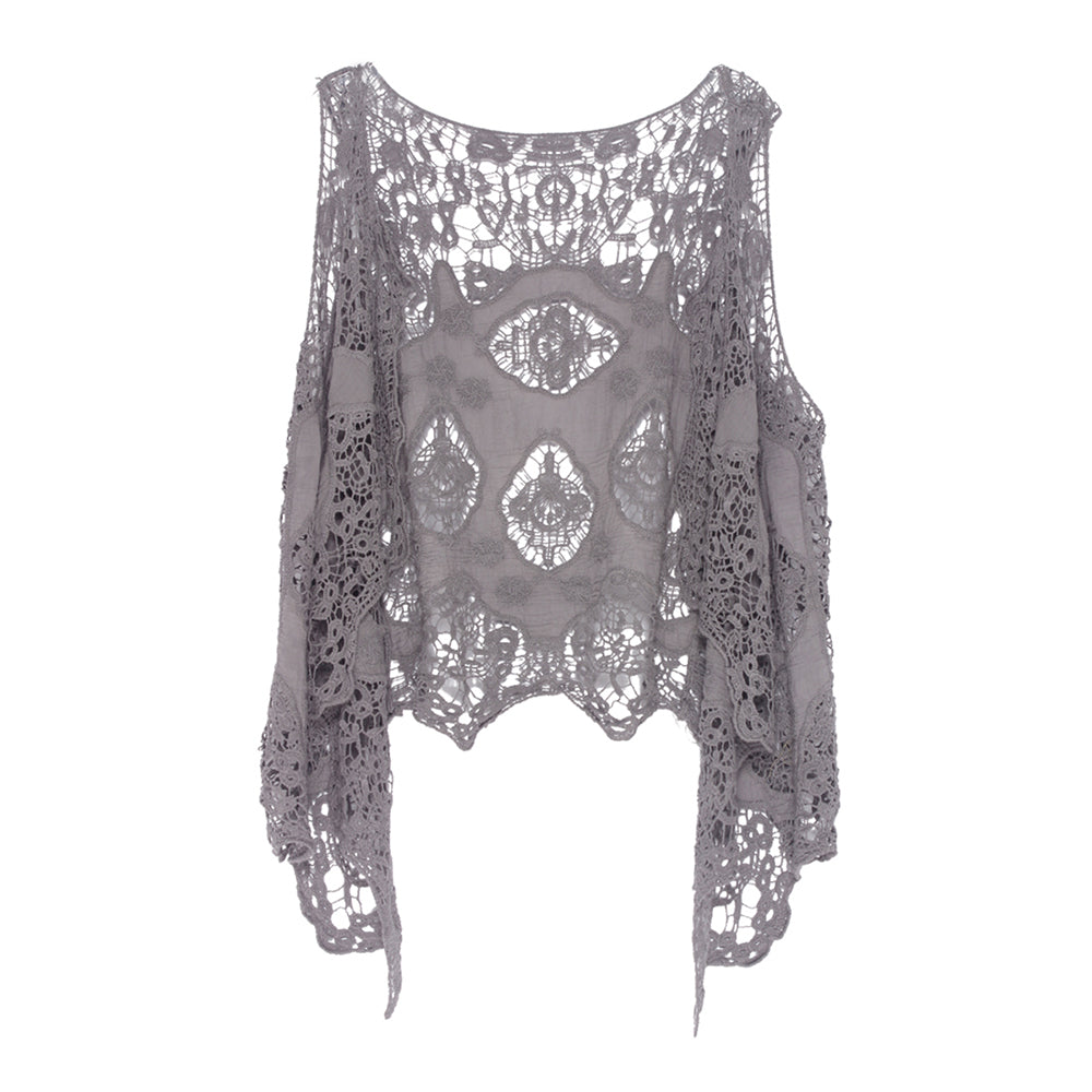 Haut cache-cœur en crochet avec patch hippie froal gris