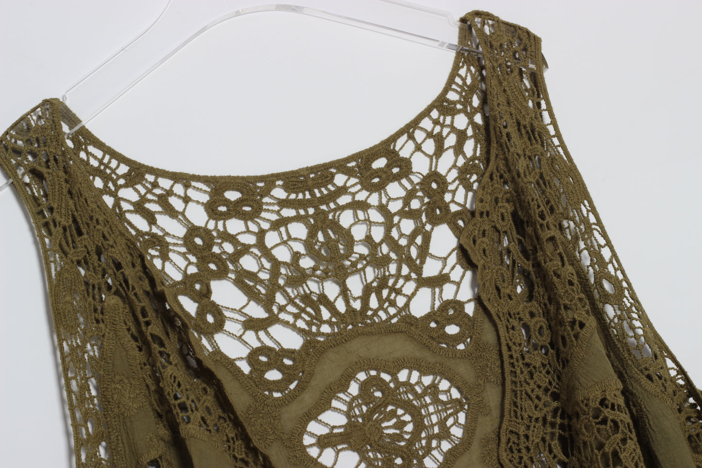 Hippie Froral Patch Crochet Cover Up Top Olive