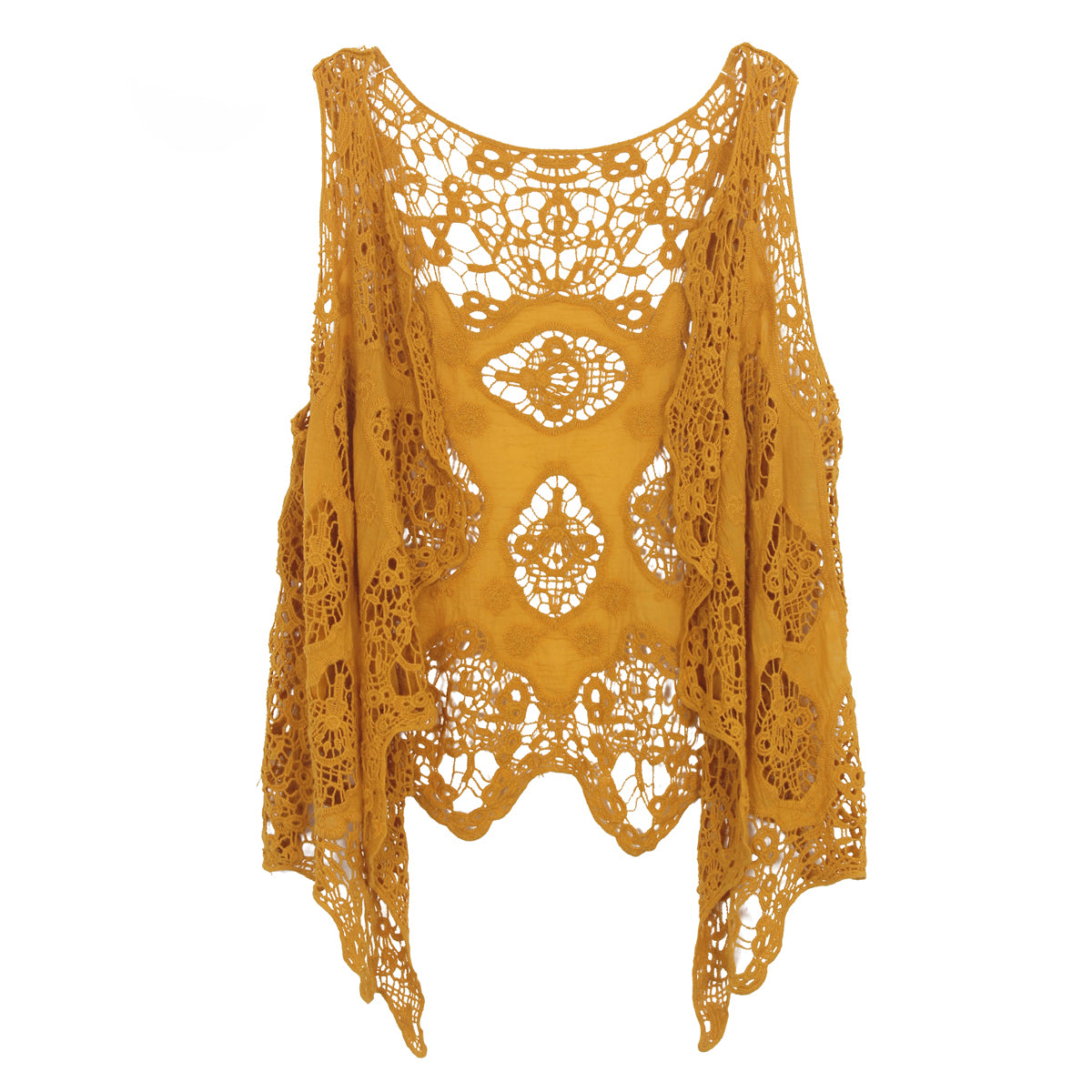 Hippie Froral Patch Crochet Cover Up Top Dark yellow