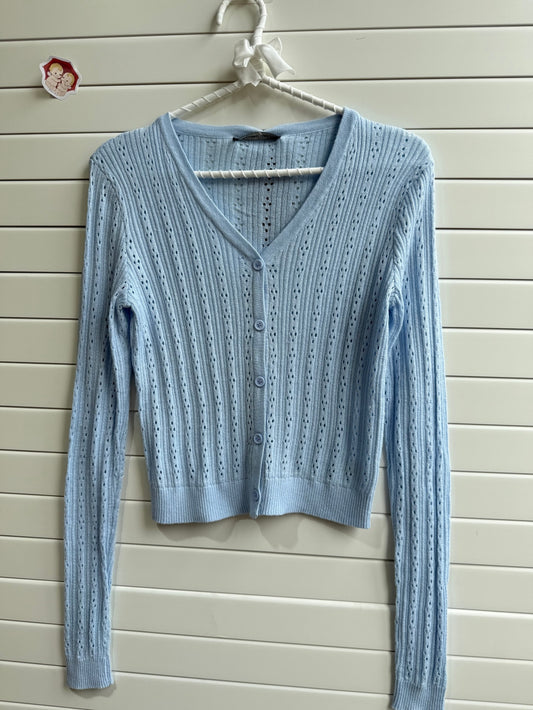 JASTIE SUPER THIN EYELET KNIT BUTTON UP CARDIGAN SWEATER-Blue