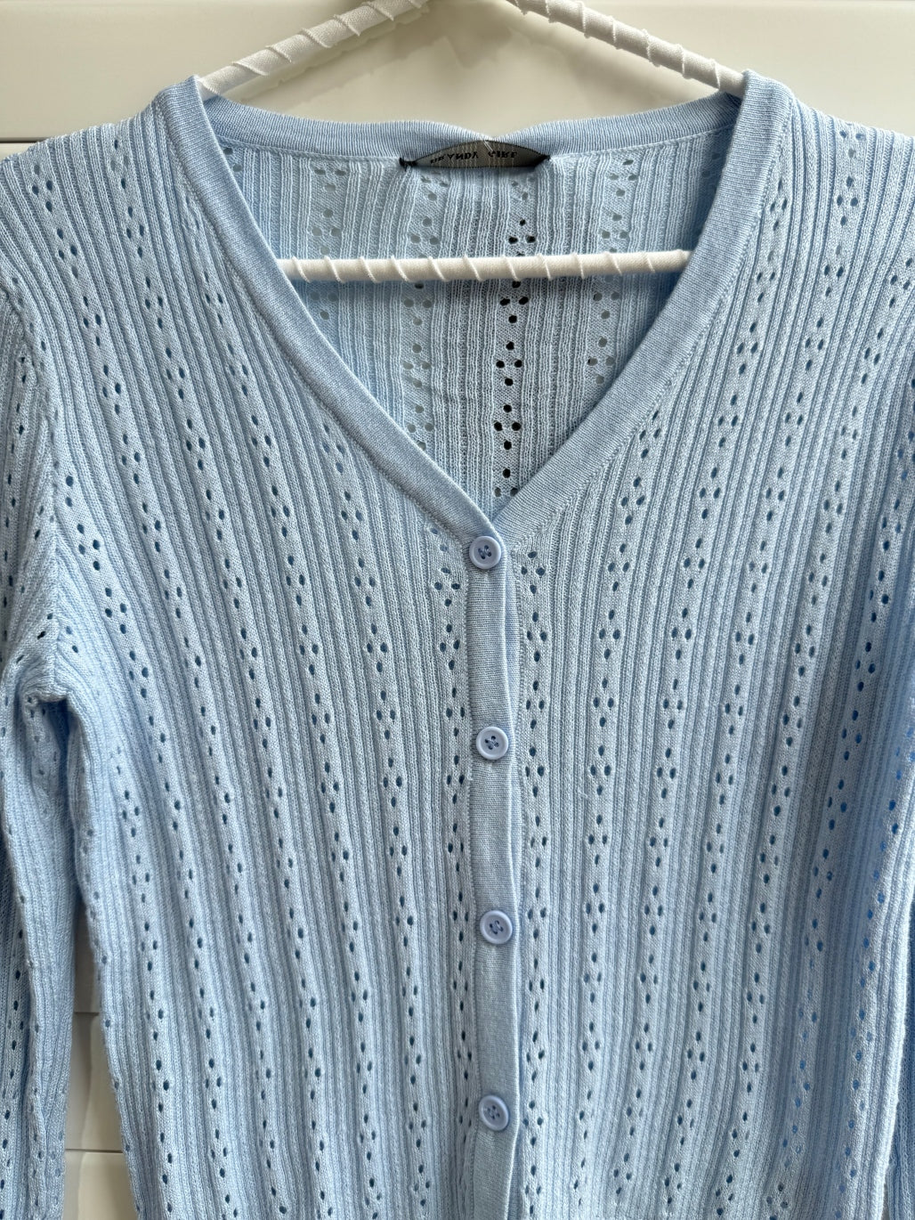 JASTIE SUPER THIN EYELET KNIT BUTTON UP CARDIGAN SWEATER-Blue