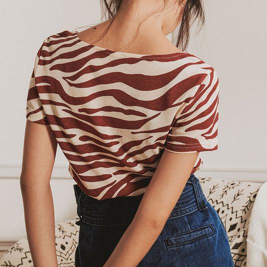 Red stripe round neck women T-shirt