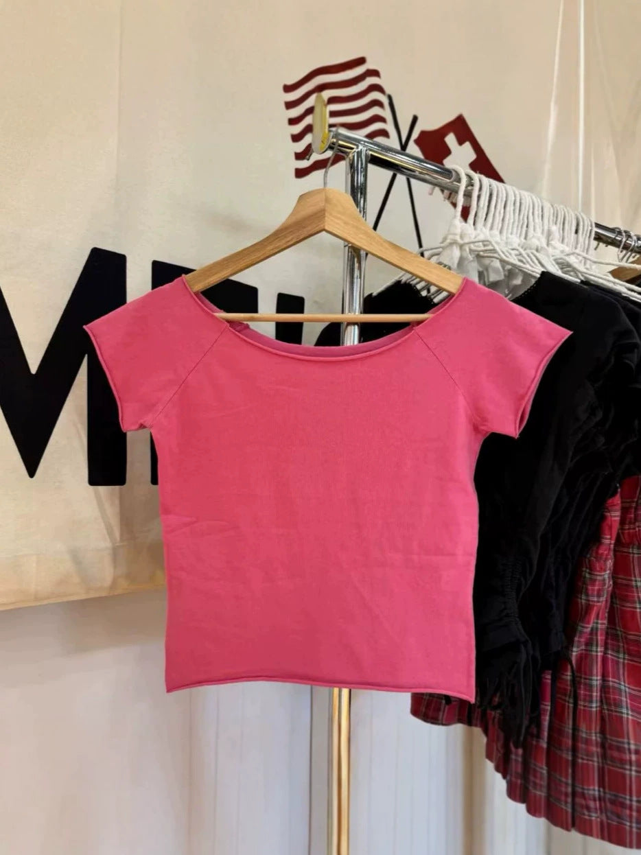 Rose Pink Slash Neck Crop Tops