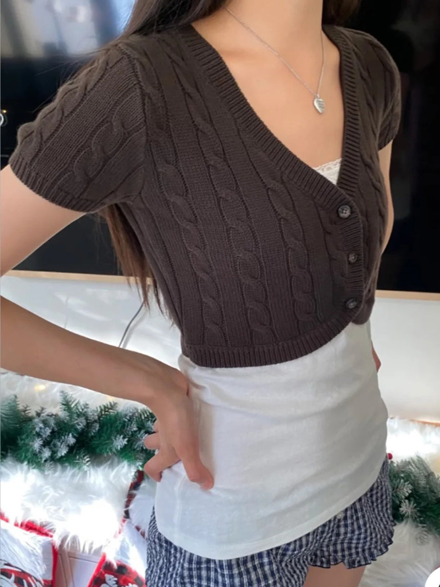 Twist Flower Short Sleeve Knitted Cropped Cardigan
