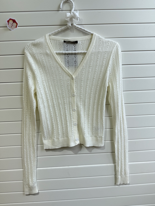 JASTIE SUPER THIN EYELET KNIT BUTTON UP CARDIGAN SWEATER-Cream