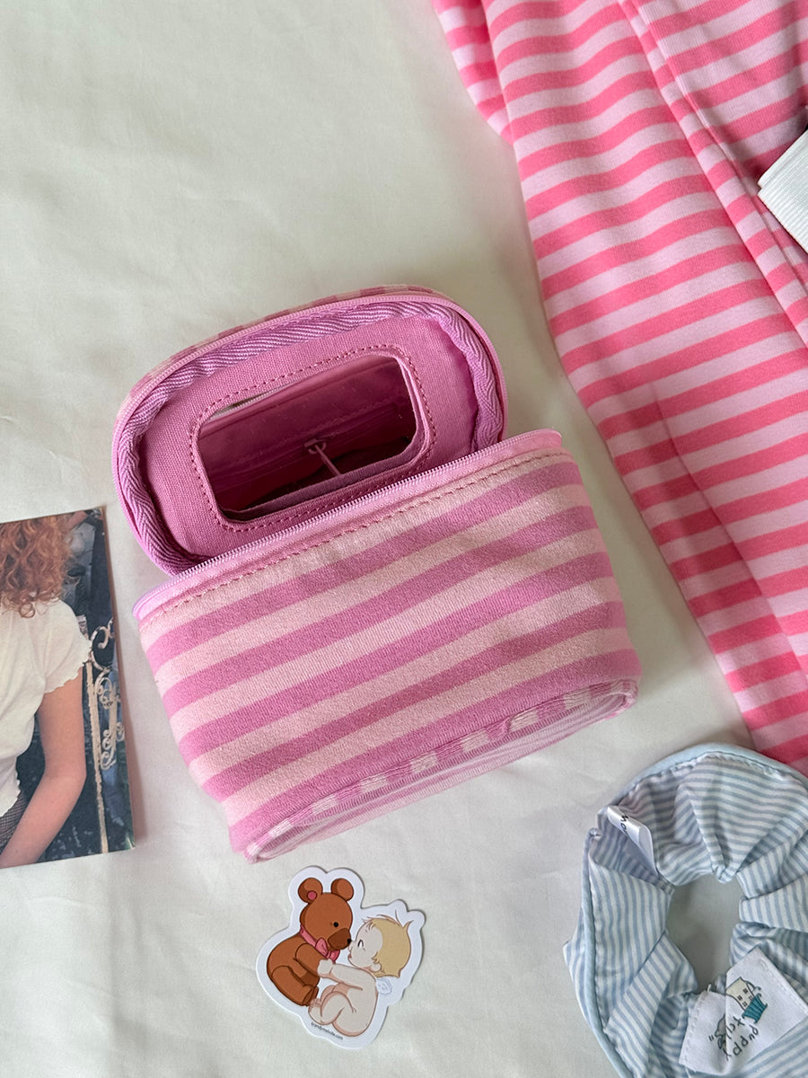 Pink Striped Mirror Makeup Bag