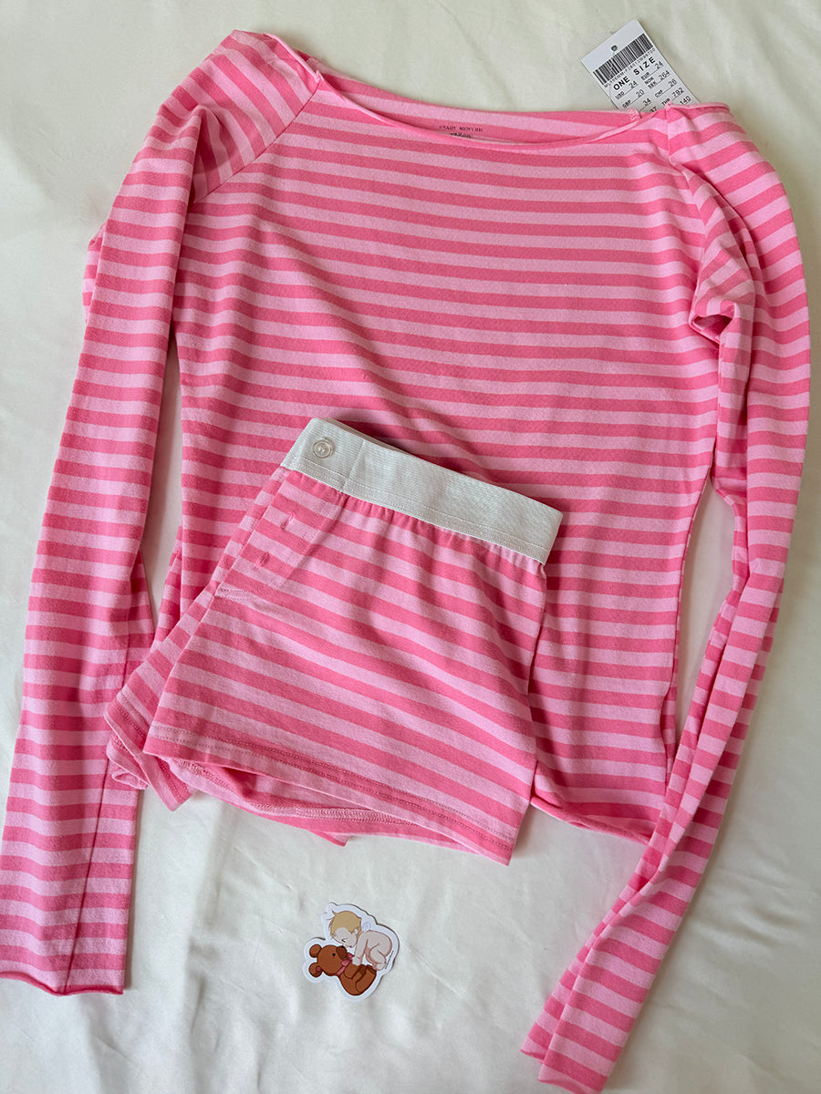 Pink Striped Slash Neck Long Sleeve T-shirt Shorts Sets