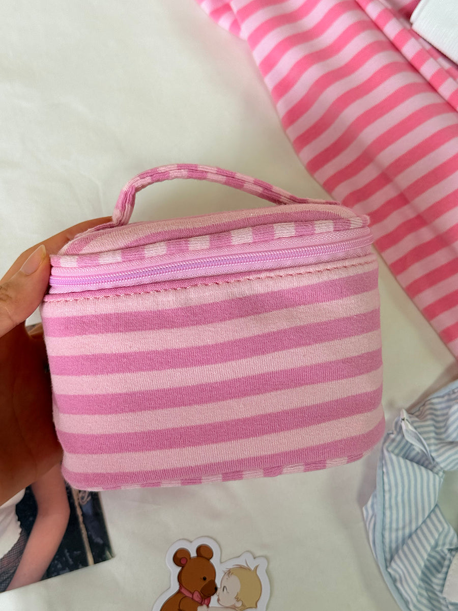 Pink Striped Mirror Makeup Bag