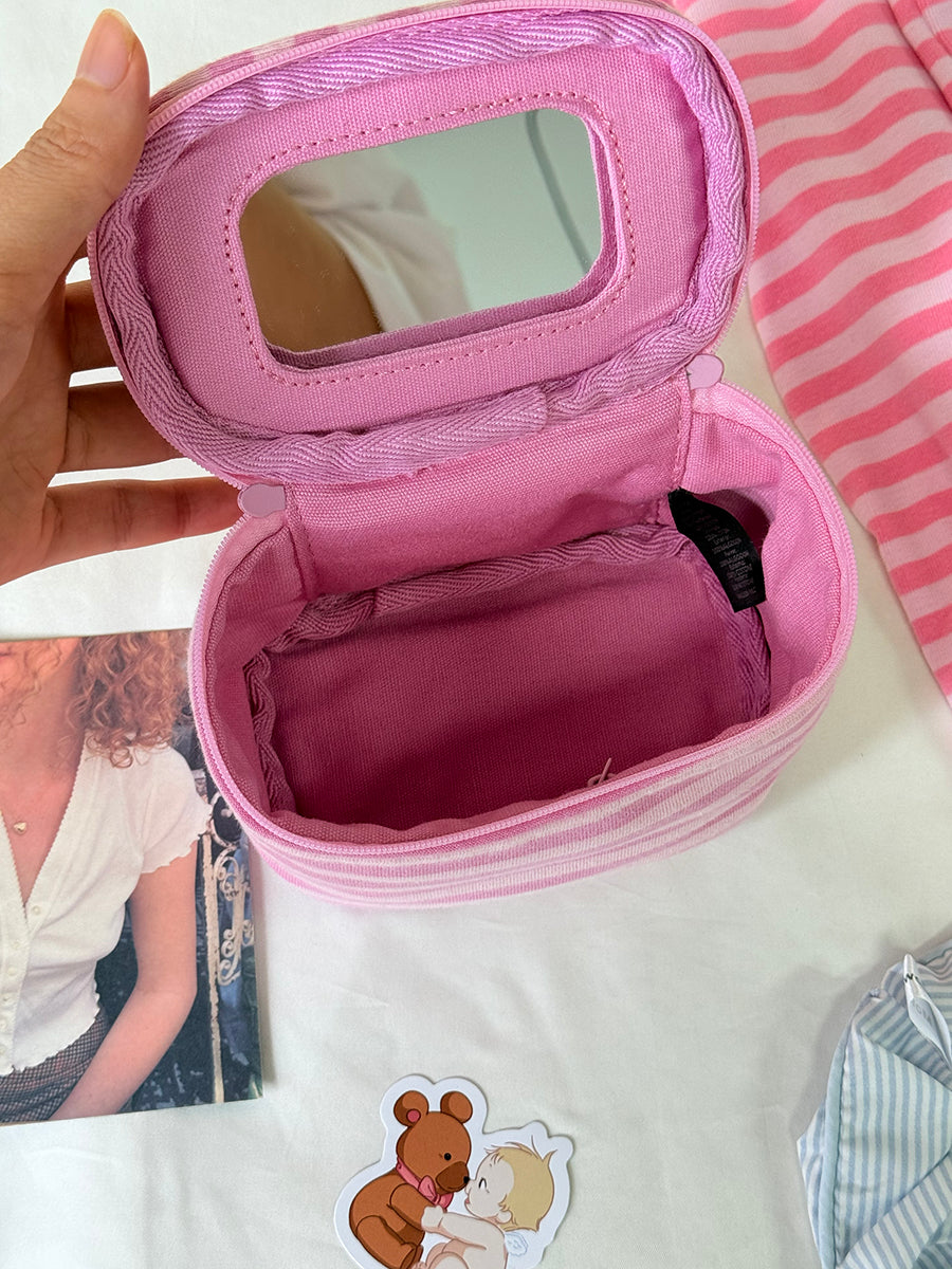 Pink Striped Mirror Makeup Bag
