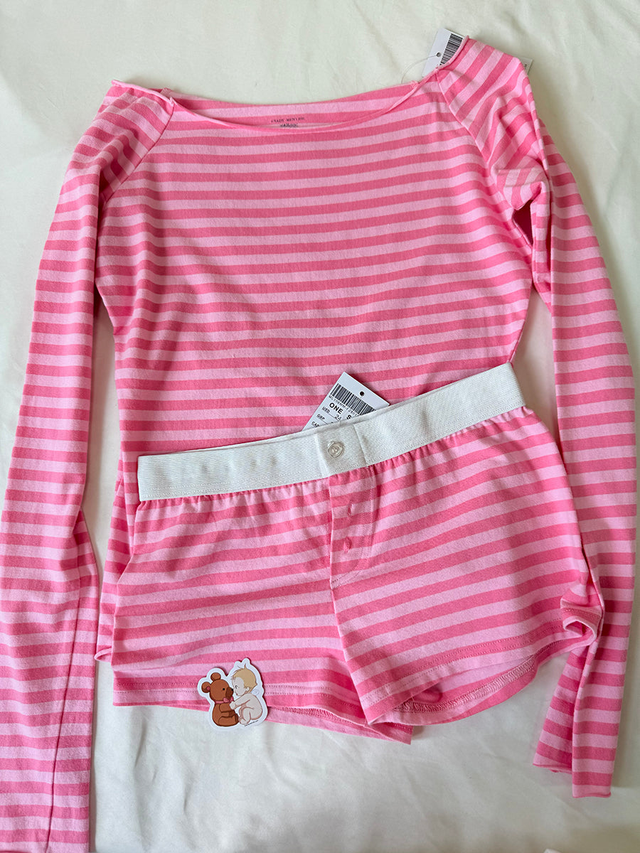 Pink Striped Slash Neck Long Sleeve T-shirt Shorts Sets