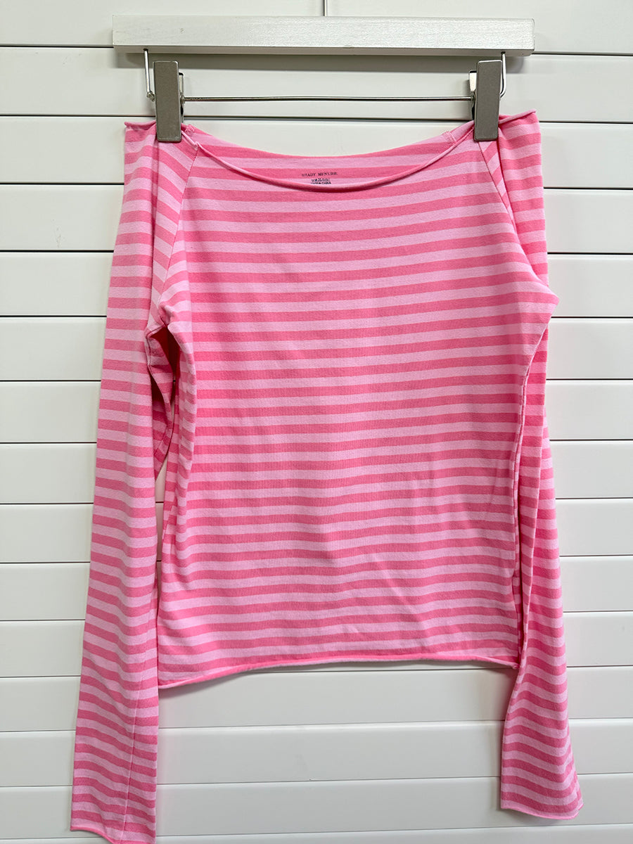 Pink Striped Slash Neck Long Sleeve T-shirt Shorts Sets