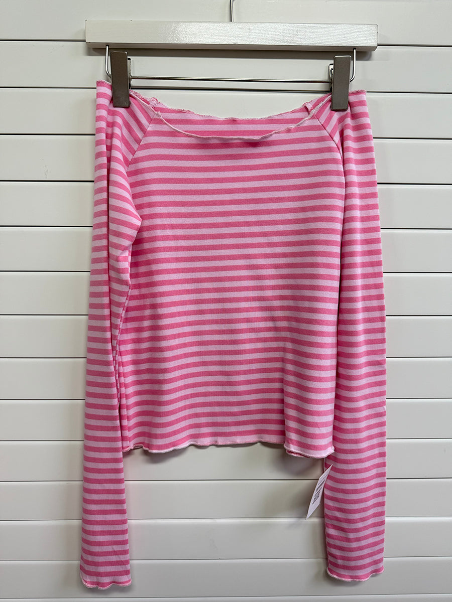 Pink Striped Slash Neck Long Sleeve T-shirt Shorts Sets