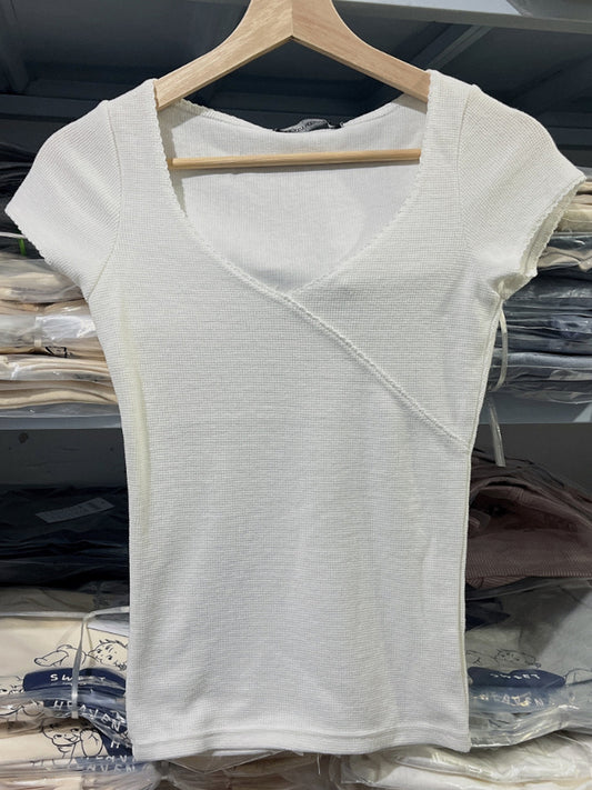 Jastie Waffle V Neck Short Sleeve Tee Top