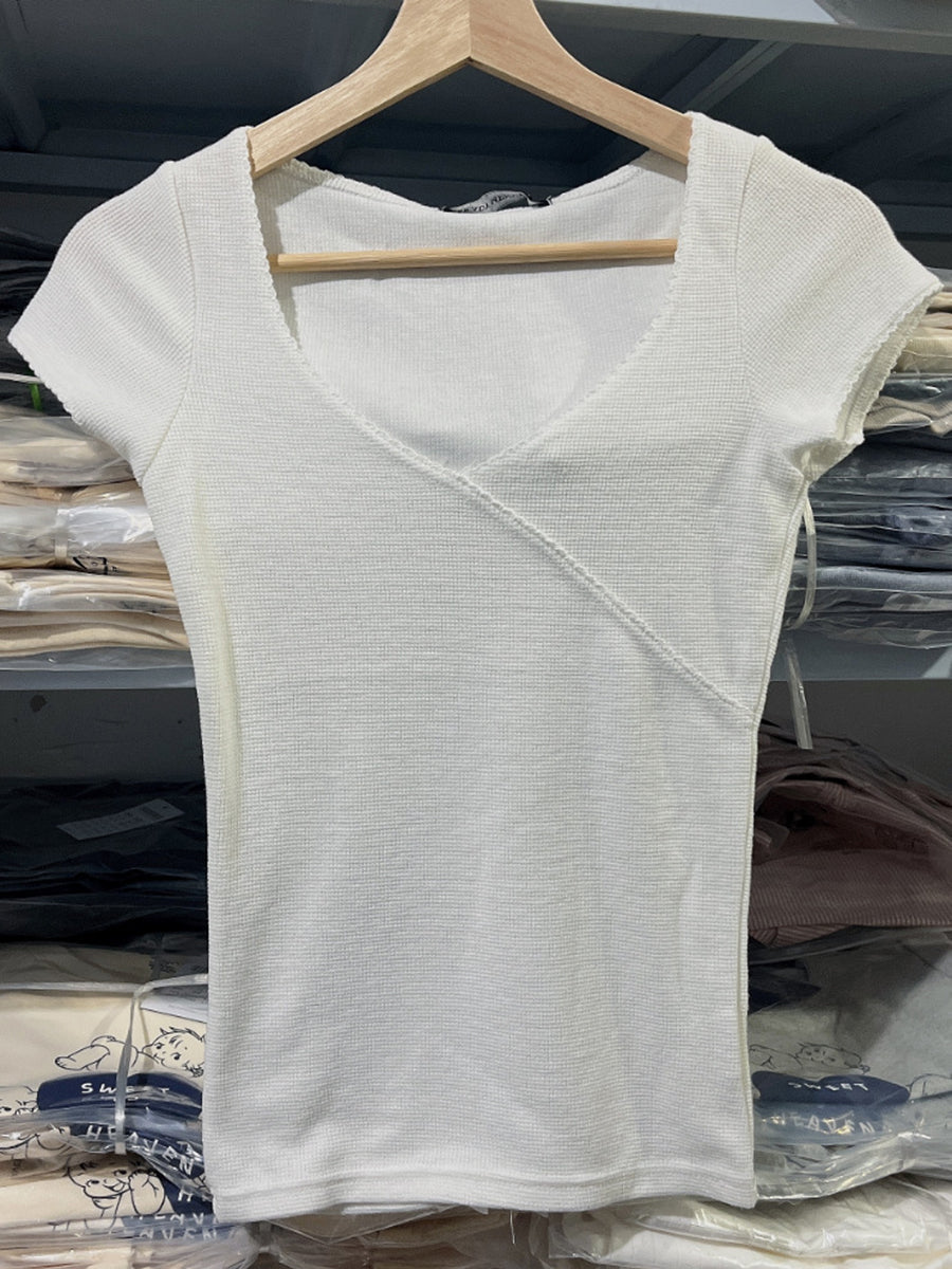 Jastie Waffle V Neck Short Sleeve Tee Top