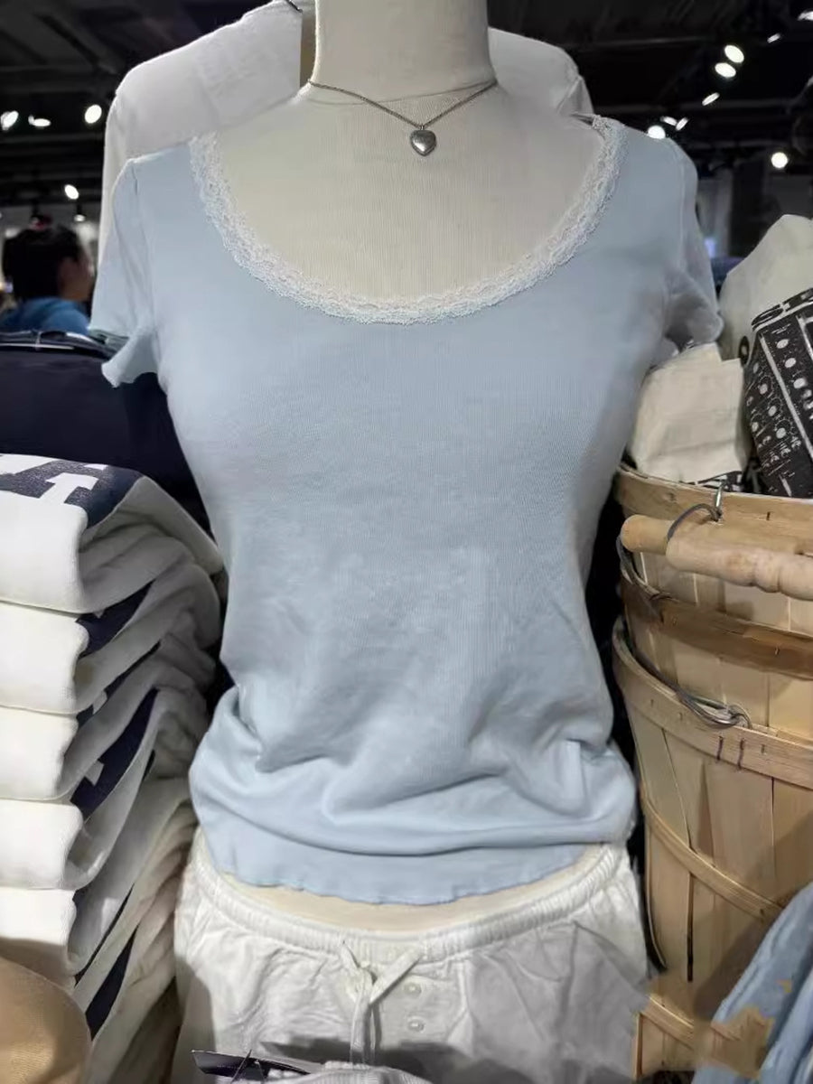 Jastie Lace Neck Short Sleeve Tee Top