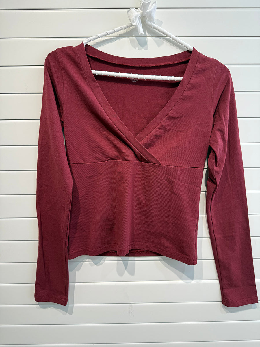 Red V-neck T-shirts Tee Long Sleeve 2965