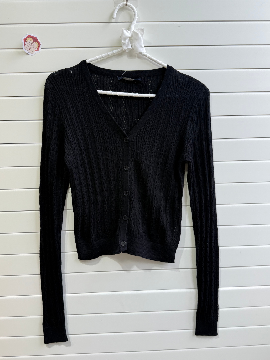 JASTIE SUPER THIN EYELET KNIT BUTTON UP CARDIGAN SWEATER-BLACK