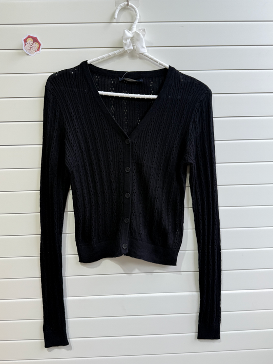 JASTIE SUPER THIN EYELET KNIT BUTTON UP CARDIGAN SWEATER-BLACK