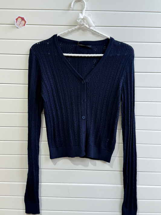 JASTIE SUPER THIN EYELET KNIT BUTTON UP CARDIGAN SWEATER-Navy