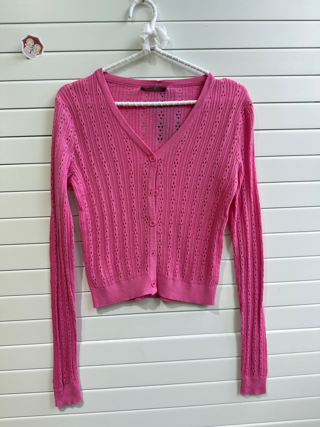 JASTIE SUPER THIN EYELET KNIT BUTTON UP CARDIGAN SWEATER-Rose