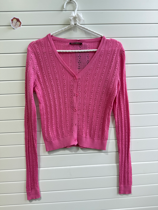 JASTIE SUPER THIN EYELET KNIT BUTTON UP CARDIGAN SWEATER-Rose
