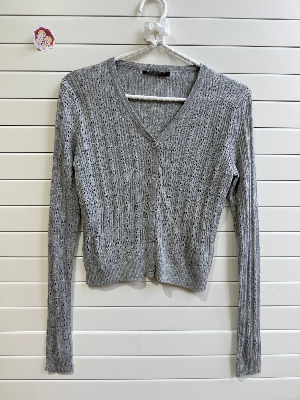 JASTIE SUPER THIN EYELET KNIT BUTTON UP CARDIGAN SWEATER-GREY