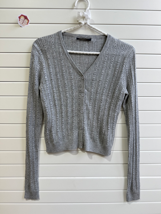 JASTIE SUPER THIN EYELET KNIT BUTTON UP CARDIGAN SWEATER-GREY