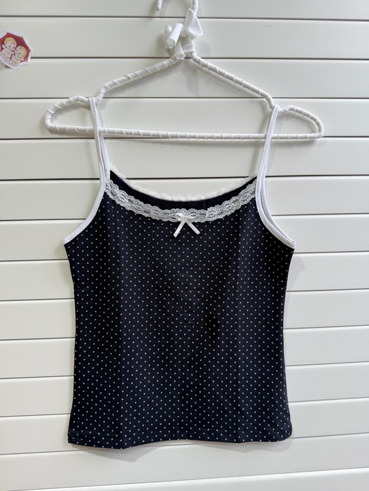 JASTIE Super Cute Spotty Lace Polka Dot Tank Top Navy