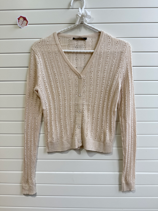 JASTIE SUPER THIN EYELET KNIT BUTTON UP CARDIGAN SWEATER-Beige