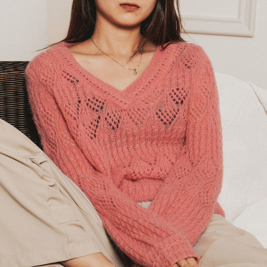 Pink V Neck Warm Women Sweater