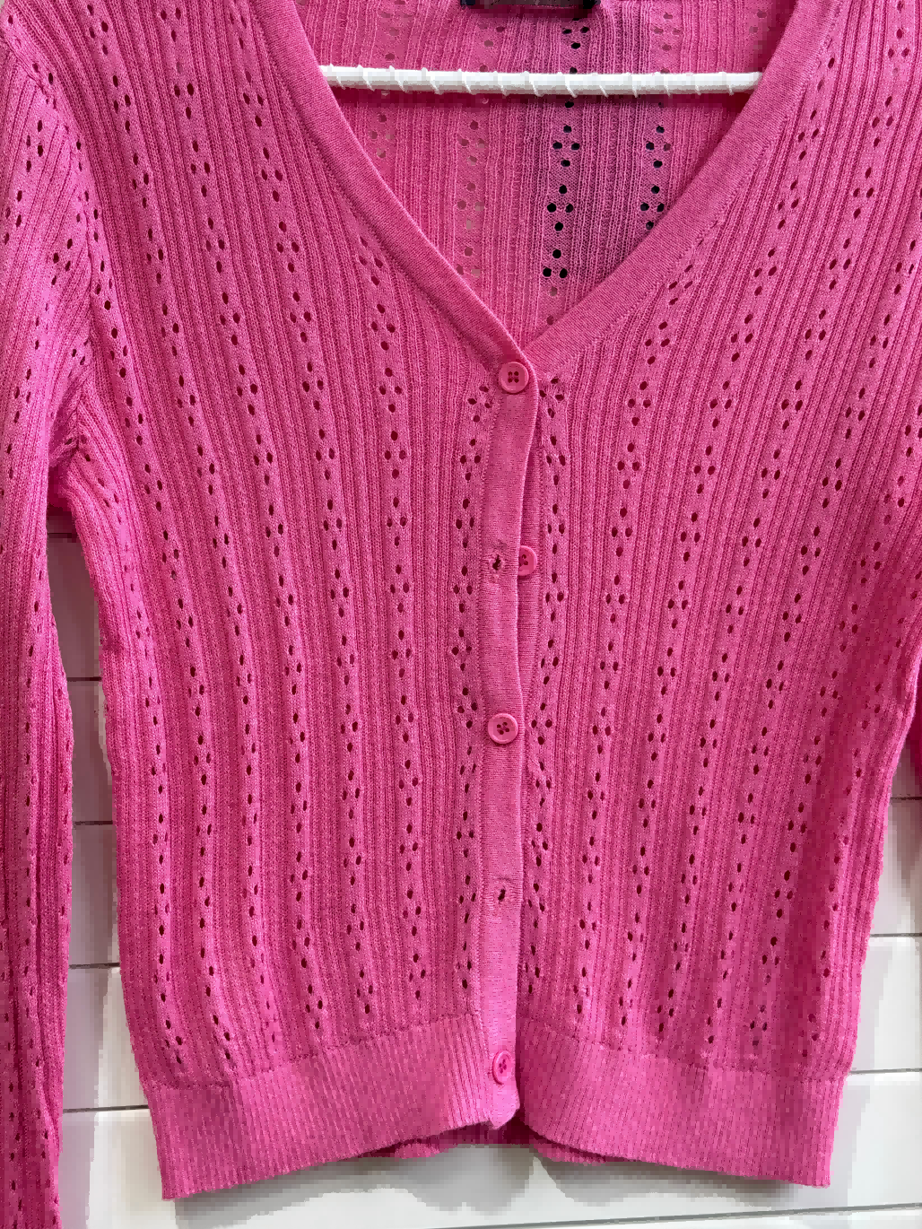 JASTIE SUPER THIN EYELET KNIT BUTTON UP CARDIGAN SWEATER-Rose