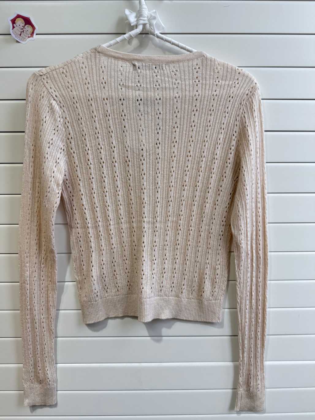 JASTIE SUPER THIN EYELET KNIT BUTTON UP CARDIGAN SWEATER-Beige