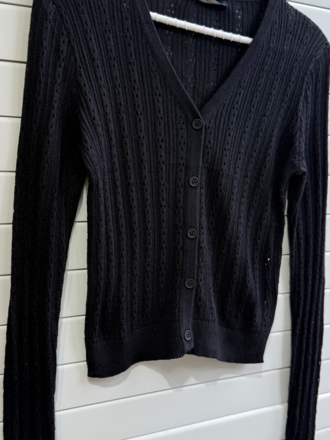 JASTIE SUPER THIN EYELET KNIT BUTTON UP CARDIGAN SWEATER-BLACK
