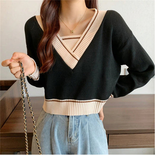 2025 Winter V-Neck Retro Women Sweater-ABS2404BK