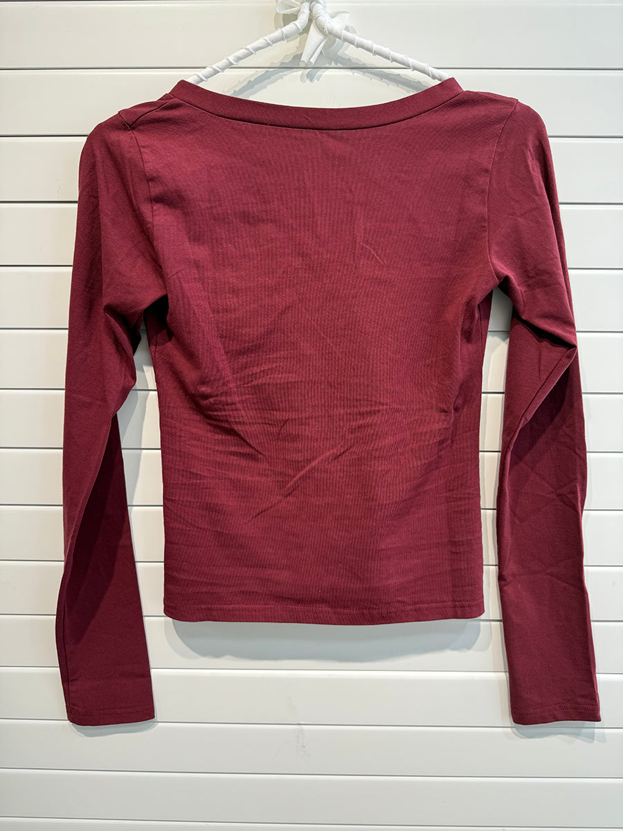 Red V-neck T-shirts Tee Long Sleeve 2965