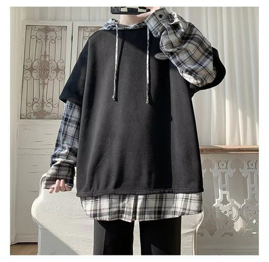 2025 Winter Loose Hooded Hip Hop Sleeve Plaid Hoodie- ABS2478BK
