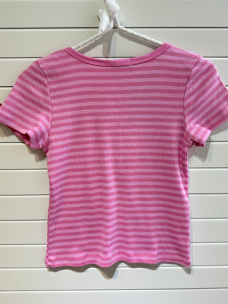 Jastie Pink Striped Slim Buttons T-shirts Short Sleeve