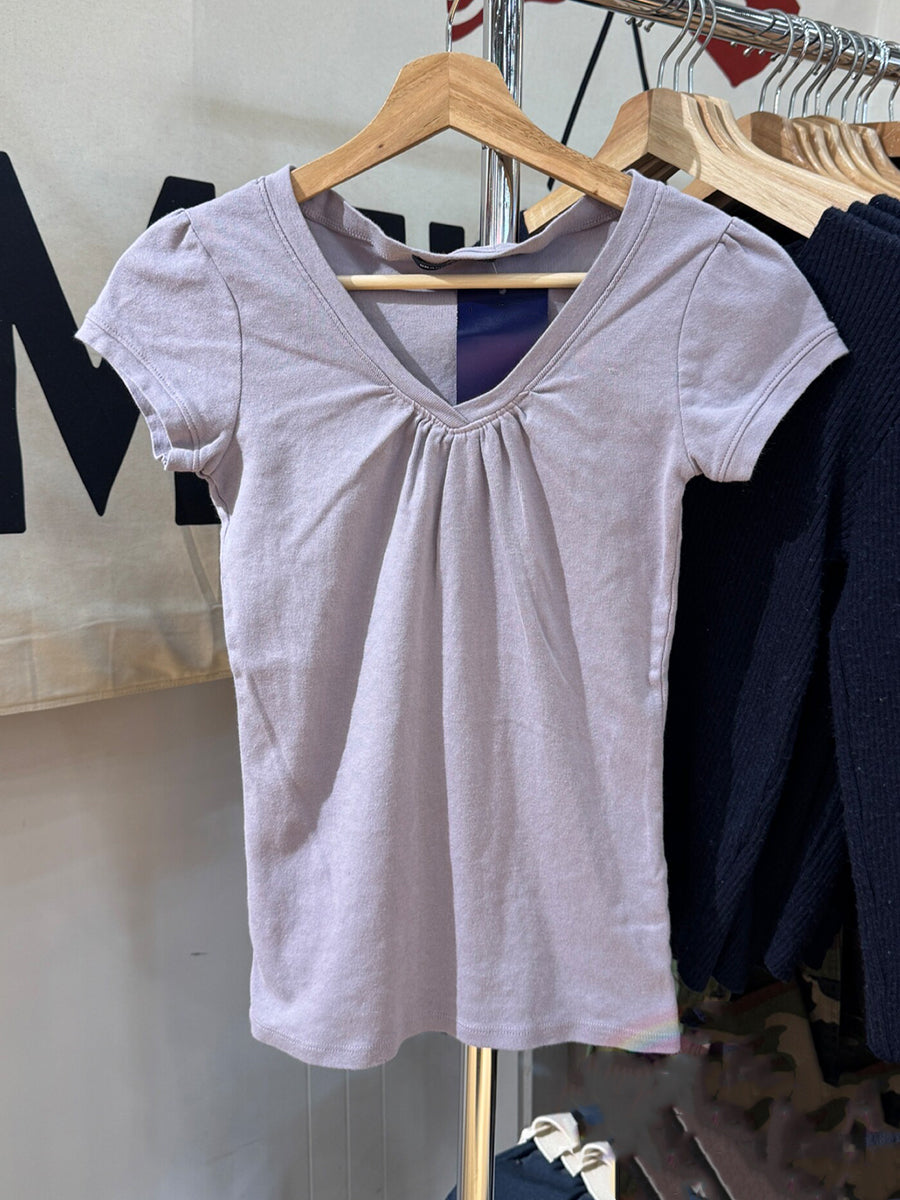 Solid Folds V-neck Slim Tshirts Women Summer